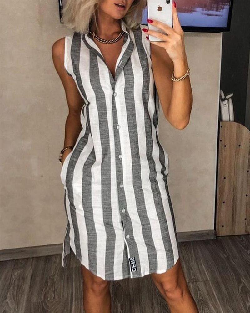 Stripe Print V-neck Button Straight Vest Shirt Dress