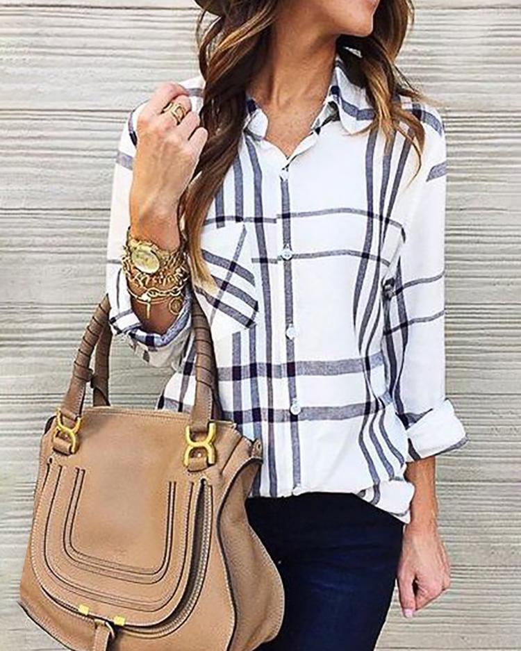 Plaid Button Design Chest Pocket Casual Shirt