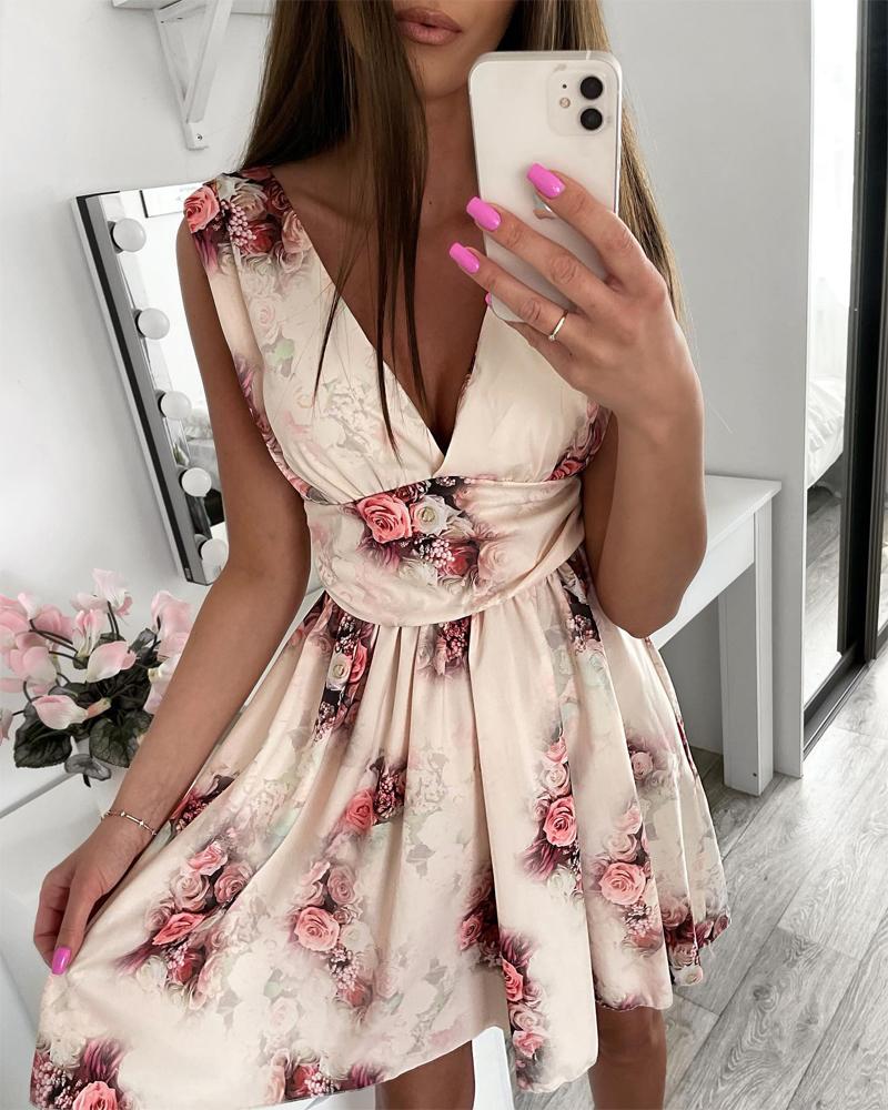 Floral Print Deep V-Neck Sleeveless Corset Dress