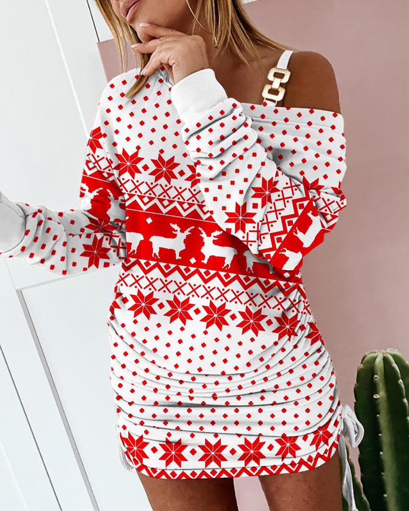 Christmas Fair Isle Pattern Print Drawstring Cold Shoulder Dress