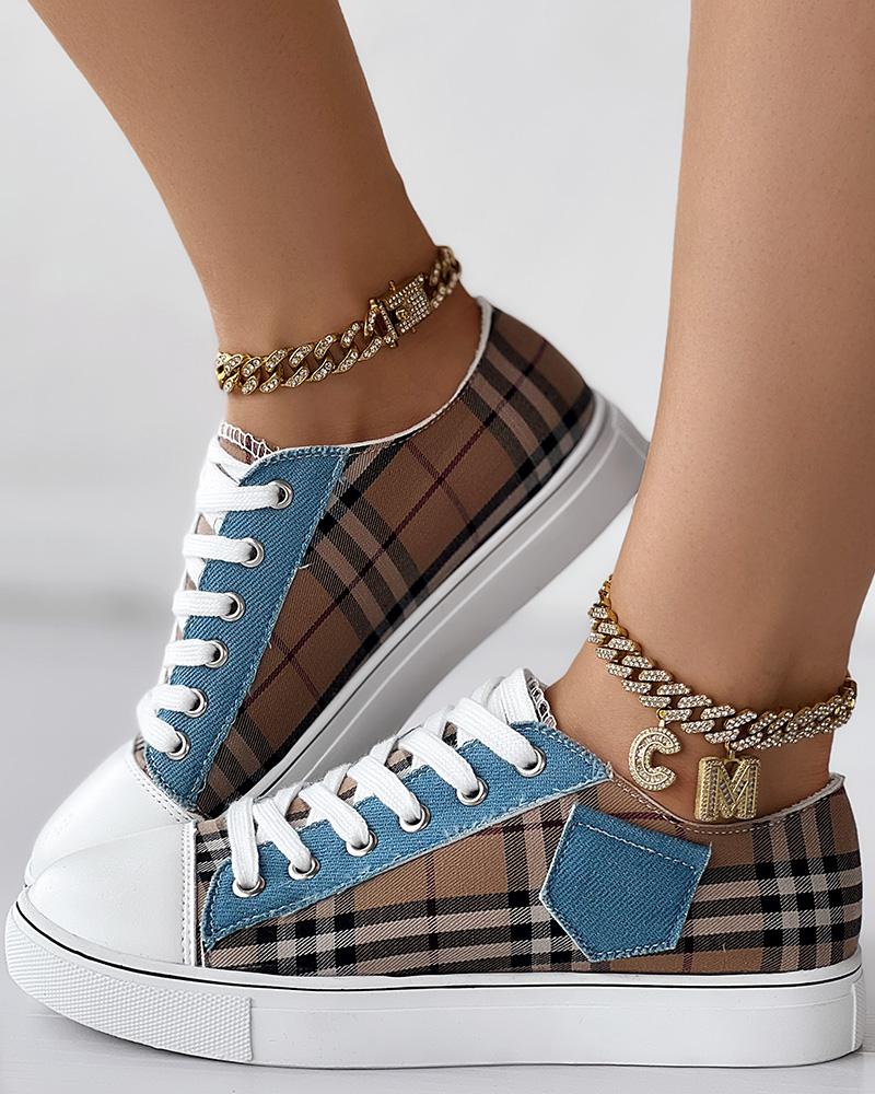 Plaid Print Patchwork Lace-up Canvas Sneakers