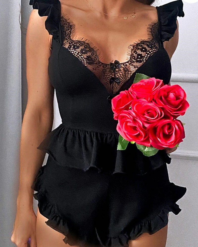 Contrast Lace Ruffle Hem Cami Set