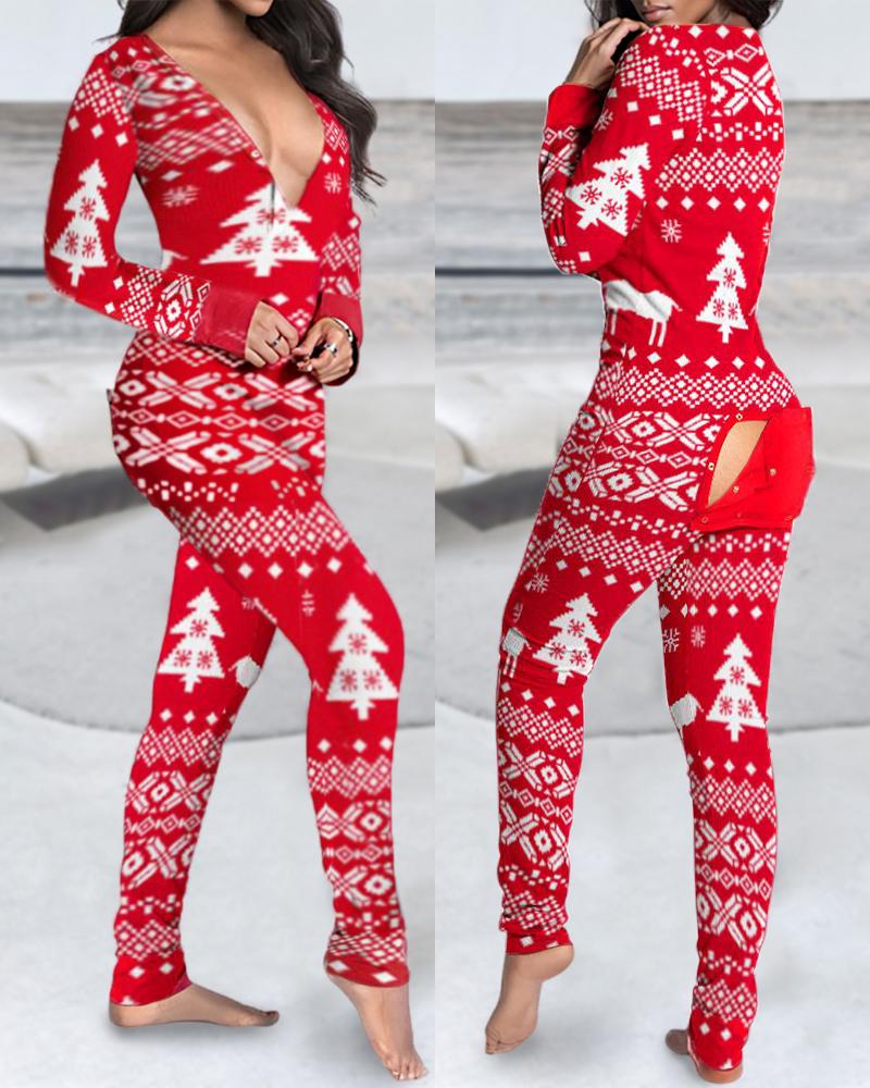   ChicMe Christmas Print Functional Buttoned Flap Adults Pajamas