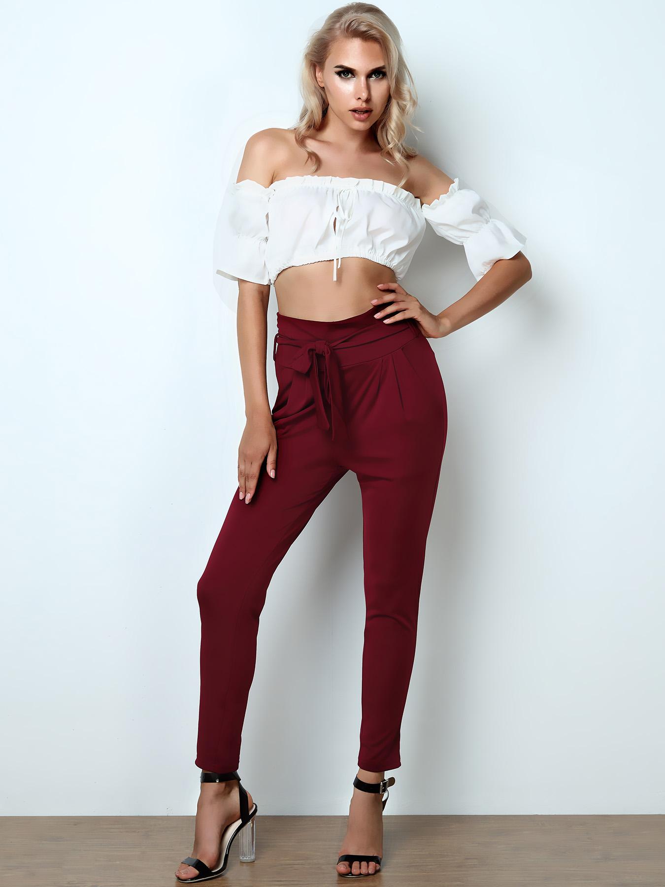 Frills High Waist Self-tied Pleated Skinny Pants