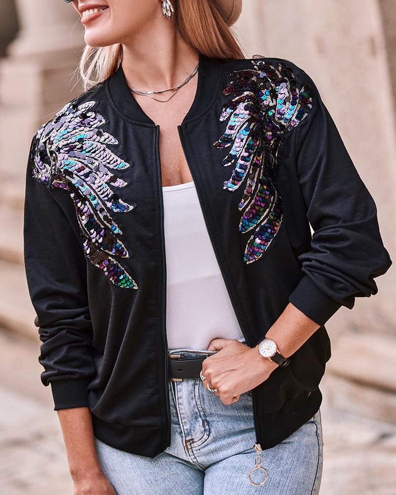 Long Sleeve Zipper Design Sequin Wings Baseball Jacket