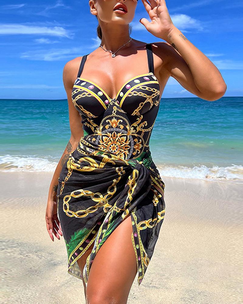 One-piece Baroque Chain Print One Piece Swimsuit With Cover Up