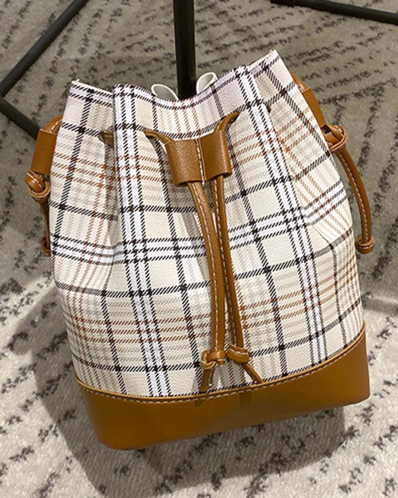 Plaid Print Drawstring Bucket Bag