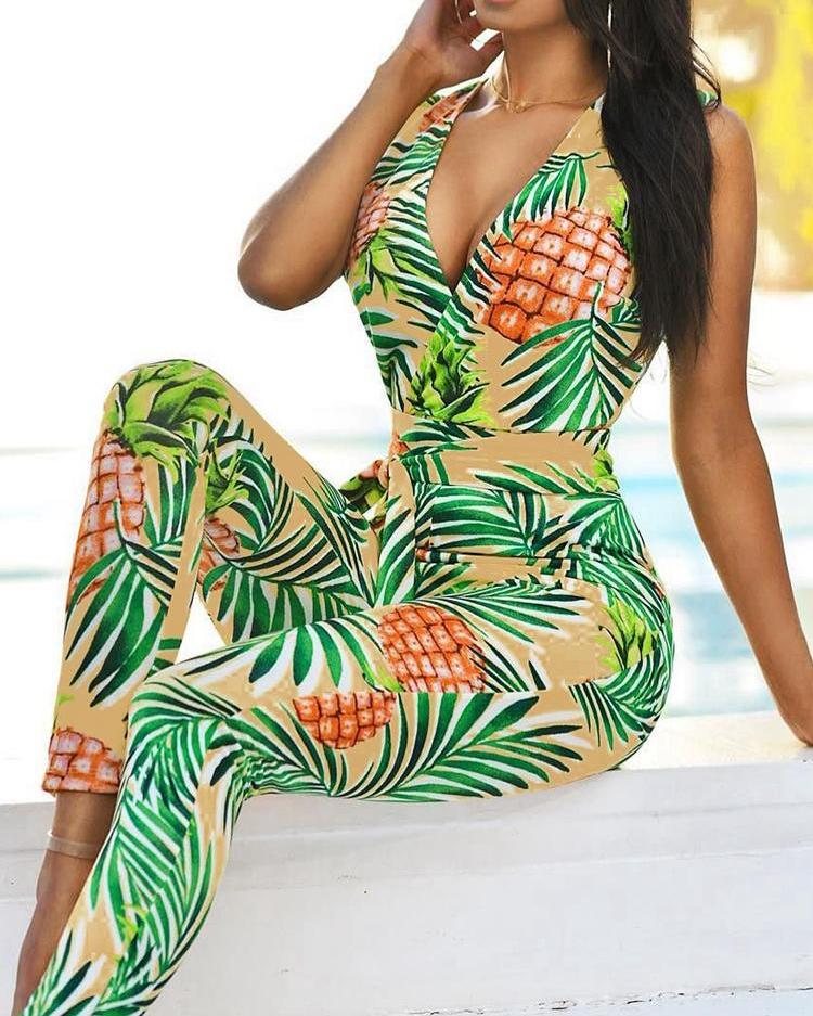 Pineapple Print Plunge Jumpsuit