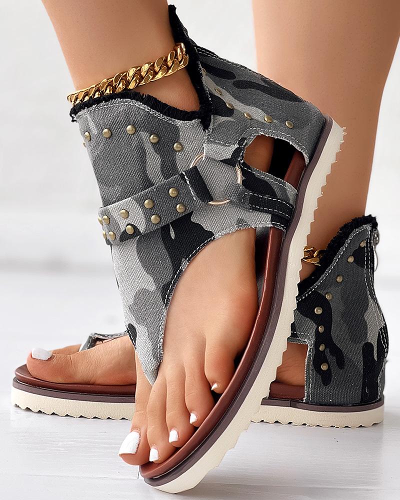 Flats-Sandals Camouflage Print Studded Toe Post Sandals