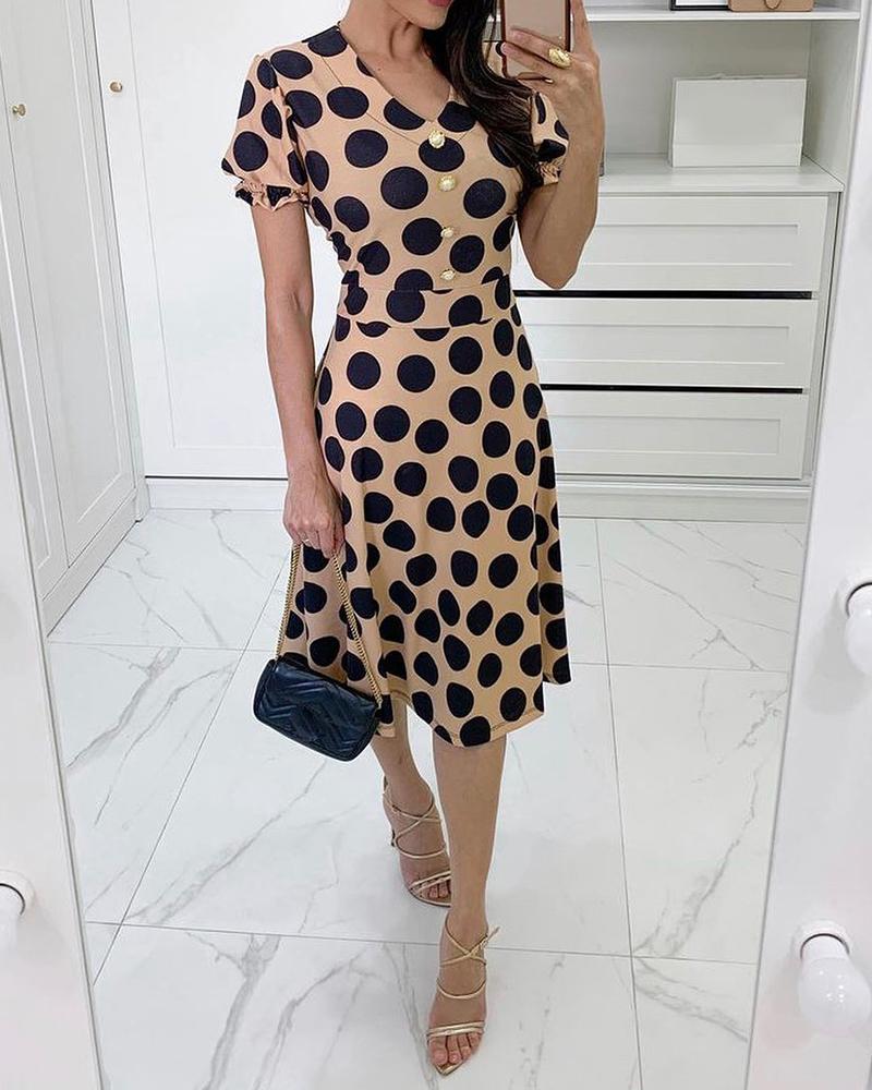 Polkadot Print Button Decor Casual Dress