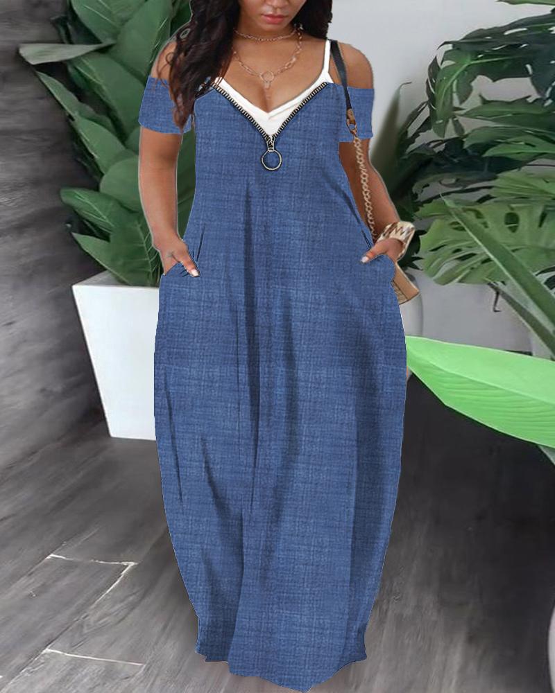 Plus Size Fake Two Piece Cold Shoulder Maxi Dress