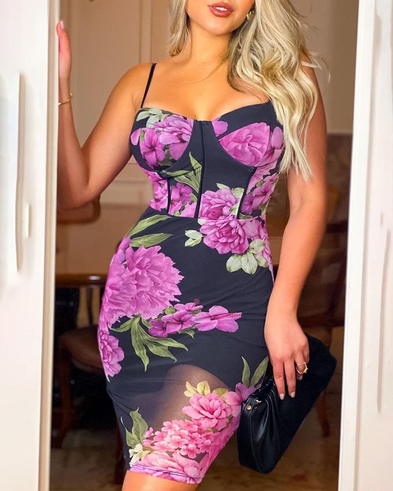 Floral Print Spaghetti Strap Mesh Bodycon Dress