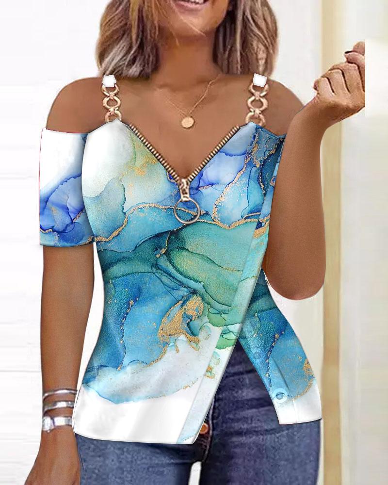 Ombre Split Hem Cold Shoulder Top