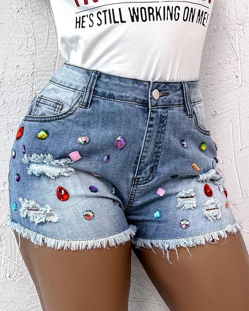 Rhinestone Decor Raw Hem Denim Shorts