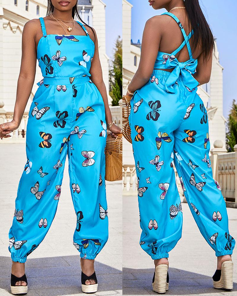 Butterfly Print Criss Cross Tied Detail Backless Jumpsuit