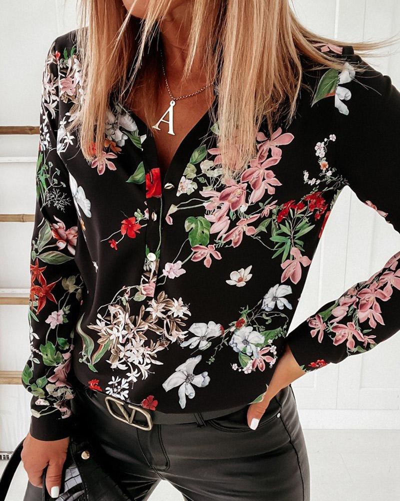 Floral Print Button Front Long Sleeve Top