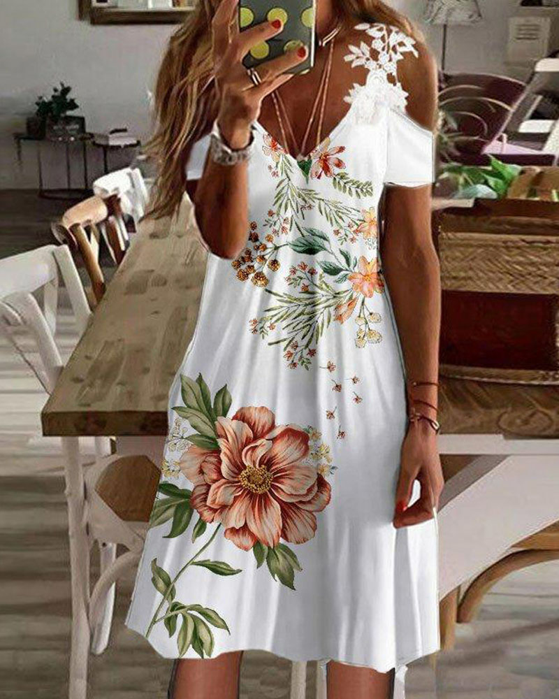 Floral Print Contrast Lace Cold Shoulder Casual Dress