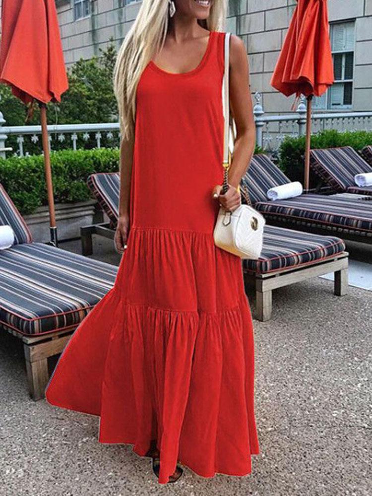 Solid Ruffle Hem Casual Maxi Dress