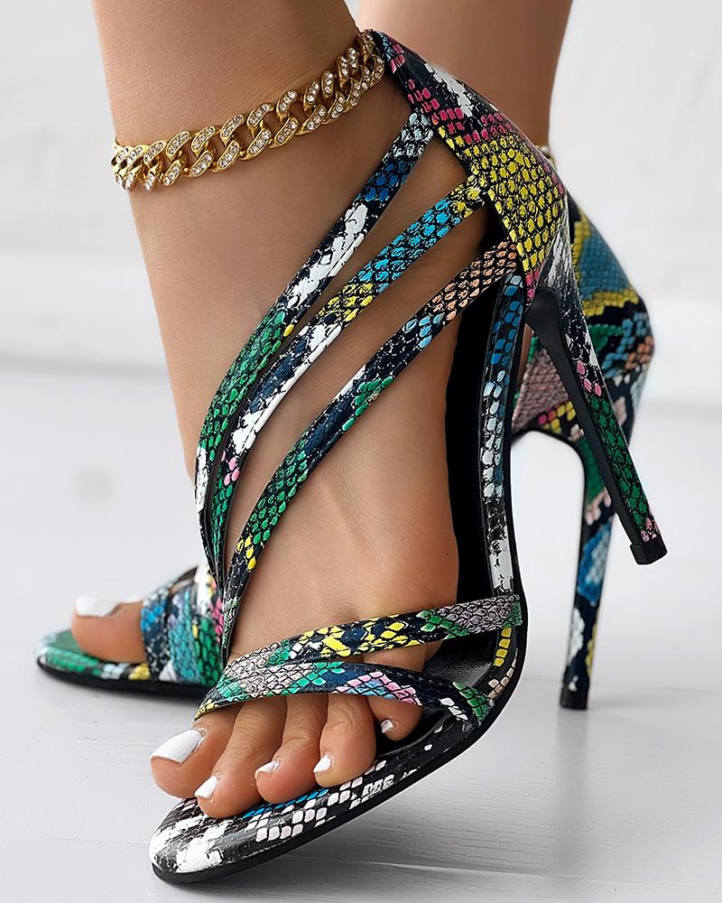 Snakeskin Multi Straps Stiletto Heeled Sandals