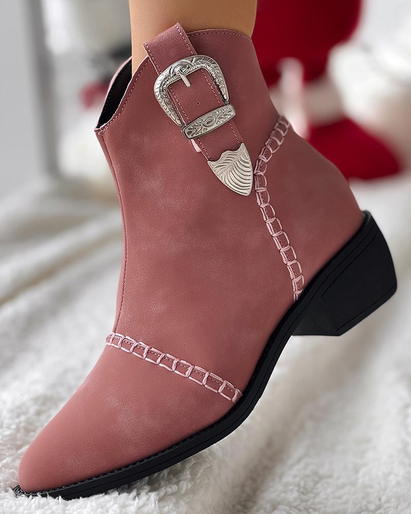 Buckled Chunky Heel Vintage Cowboy Style Ankle Boots