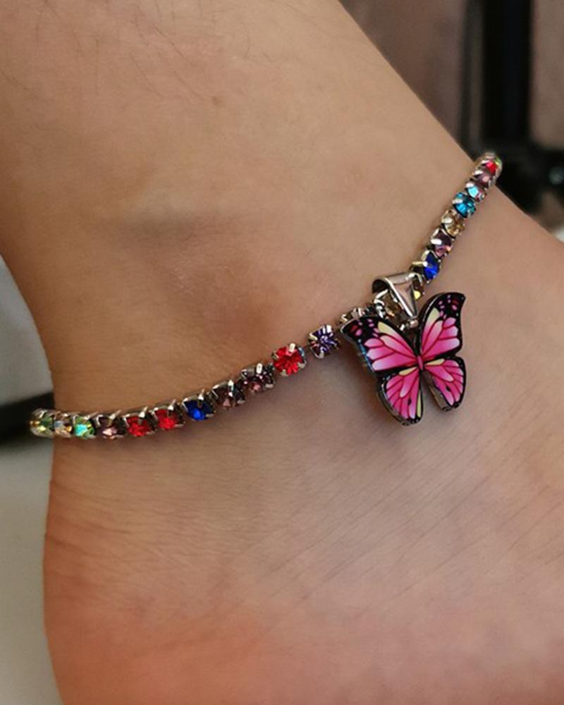  1pc Colorful Rhinestone Decor Butterfly Pendant Anklet