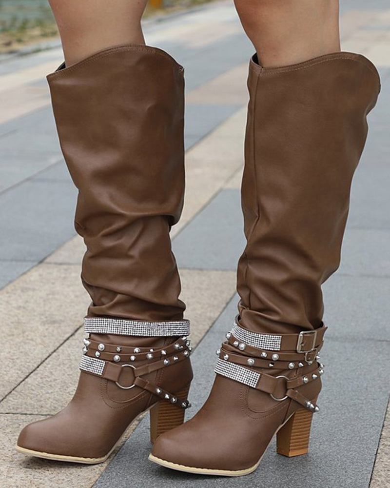 Ruched Rhinestone Decor Studded Buckled Boots