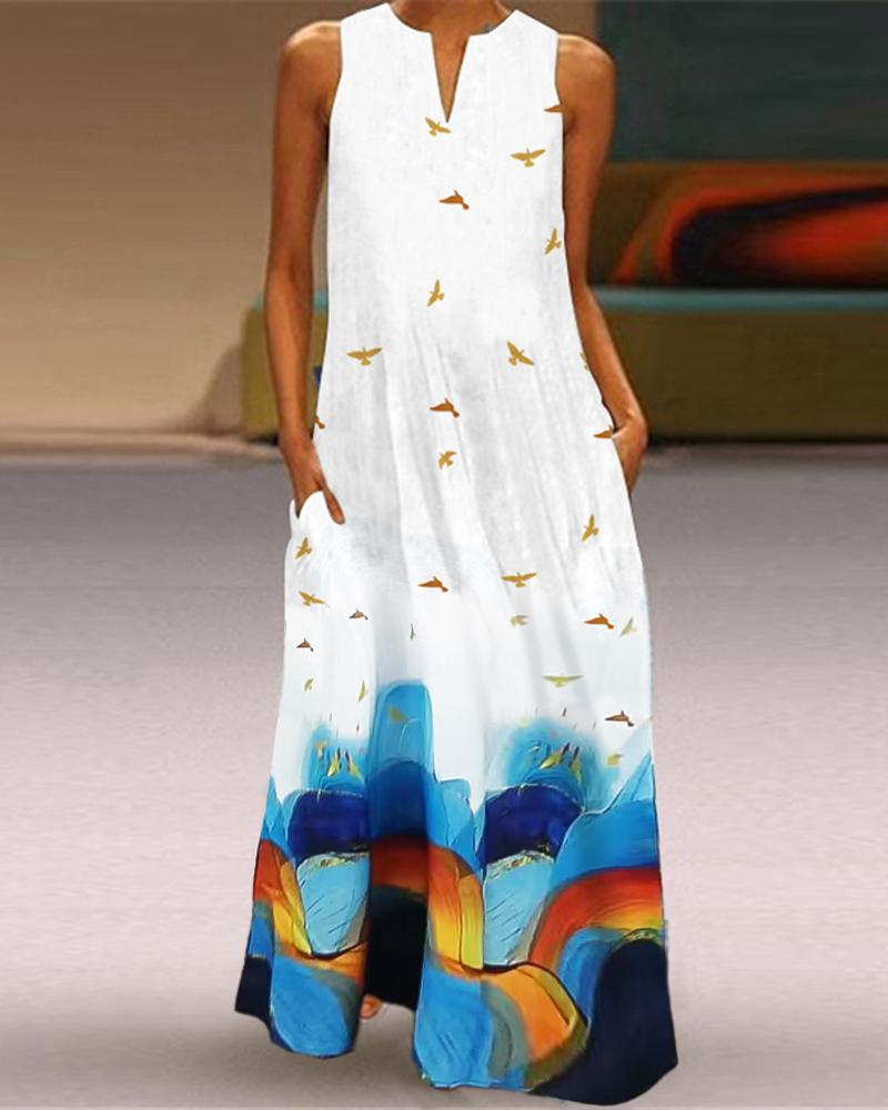 Landscape Bird Print Sleeveless Maxi Dress