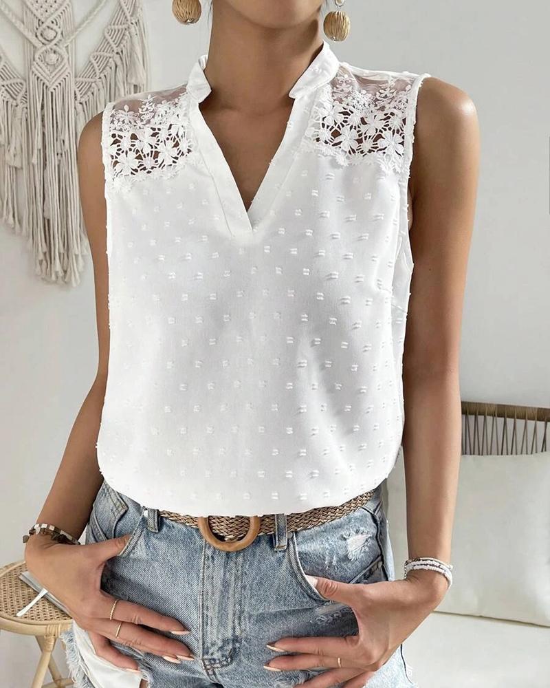 Lace Patch Notch Neck Swiss Dot Blouse