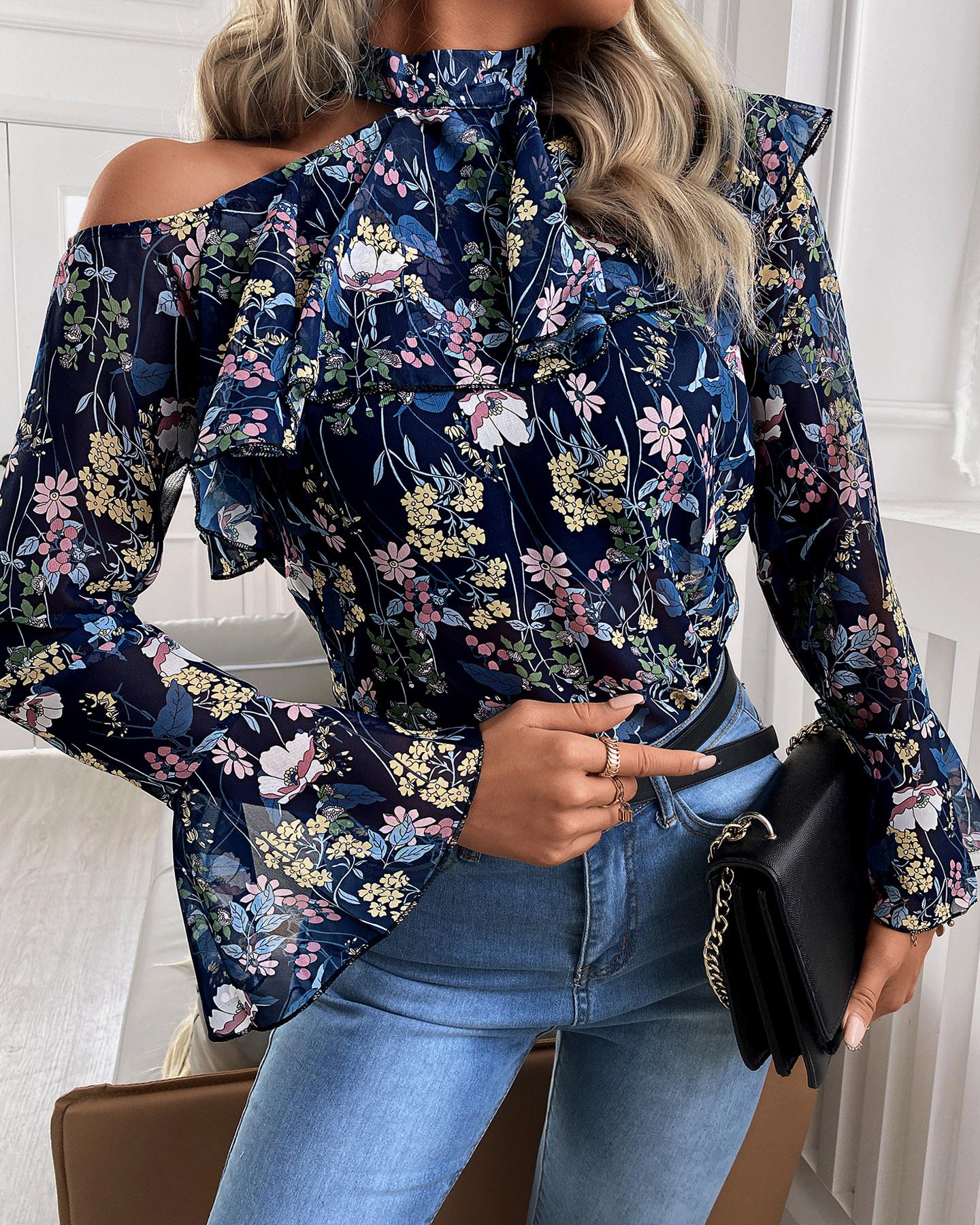 Floral Print Cold Shoulder Ruffles Hem Bell Sleeve Blouse