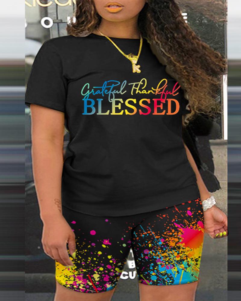 Plus Size Grateful Thankful Blessed Ink Splash Print Top & Shorts Set