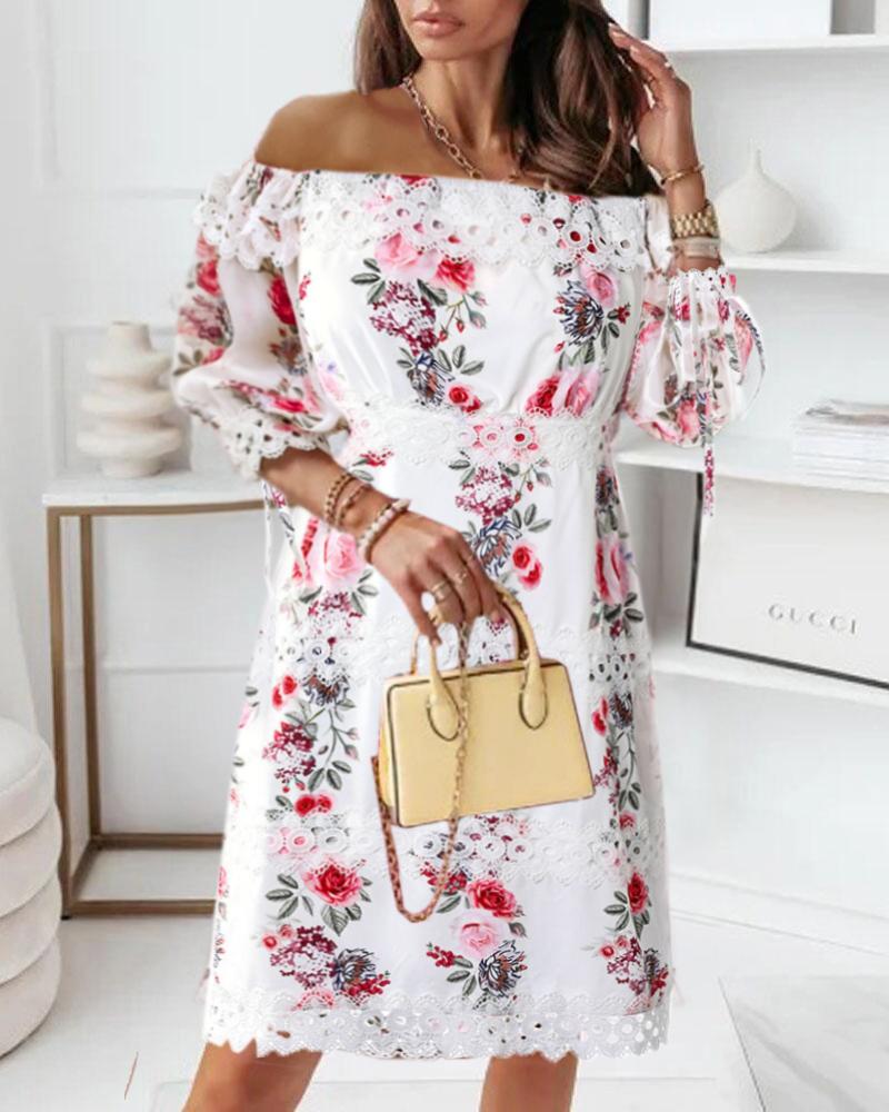 Contrast Lace Off Shoulder Floral Print Dress