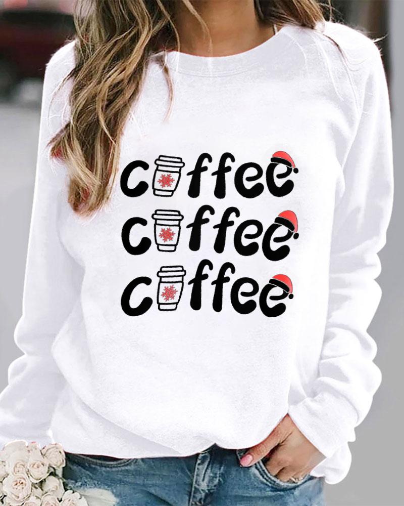 Christmas Coffee Letter Print Long Sleeve Top