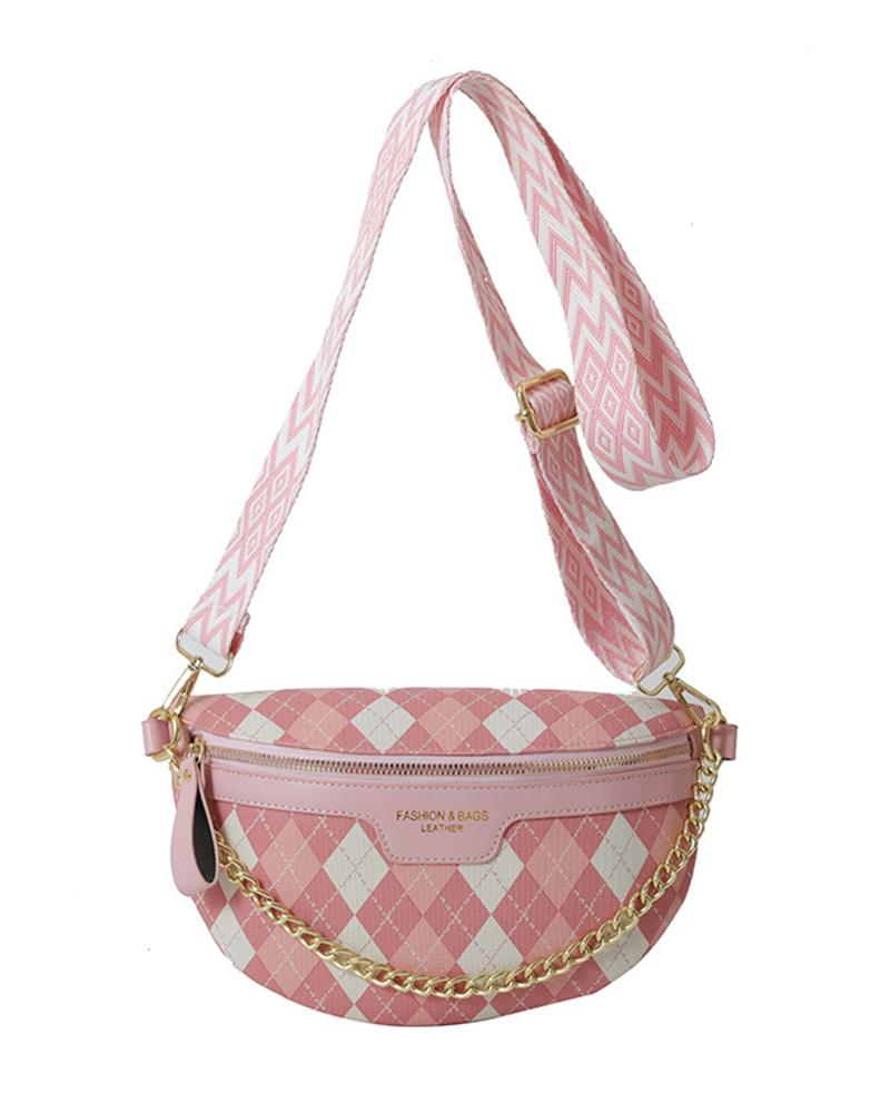 Chain Decor Zipper Design Crossbody Bag Argyle Fanny Pack