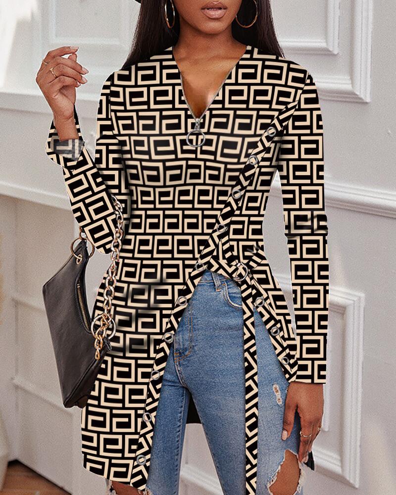 Geometric Print Zip Front High Split Top
