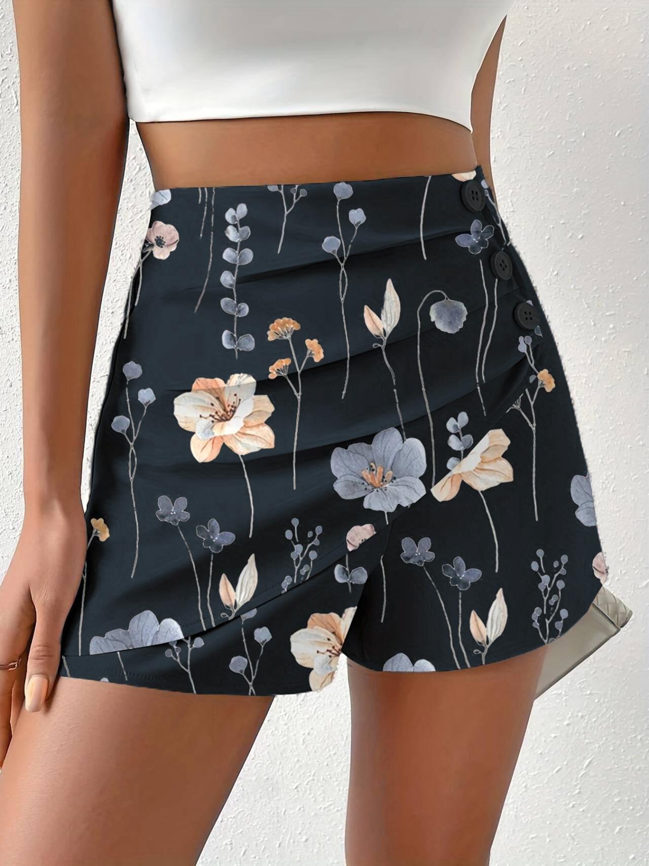   ChicMe Floral Print Side Button Ruched Shorts