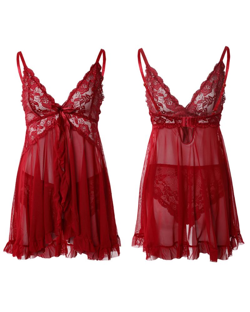   ChicMe Christmas Lingerie Bowknot Decor Sheer Mesh Lace Babydoll With Thong