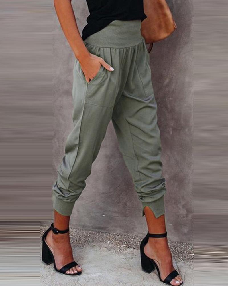  High Waist Pocket Design Casual Pants