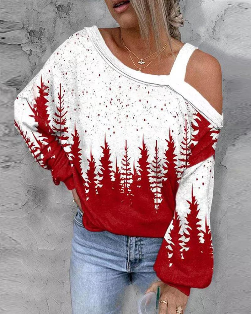 Christmas Tree Print Cold Shoulder Top