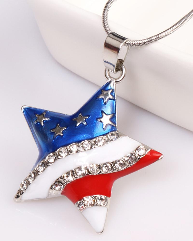 1pc Independence Day Rhinestone Flag Love Heart Star Pendant Necklace