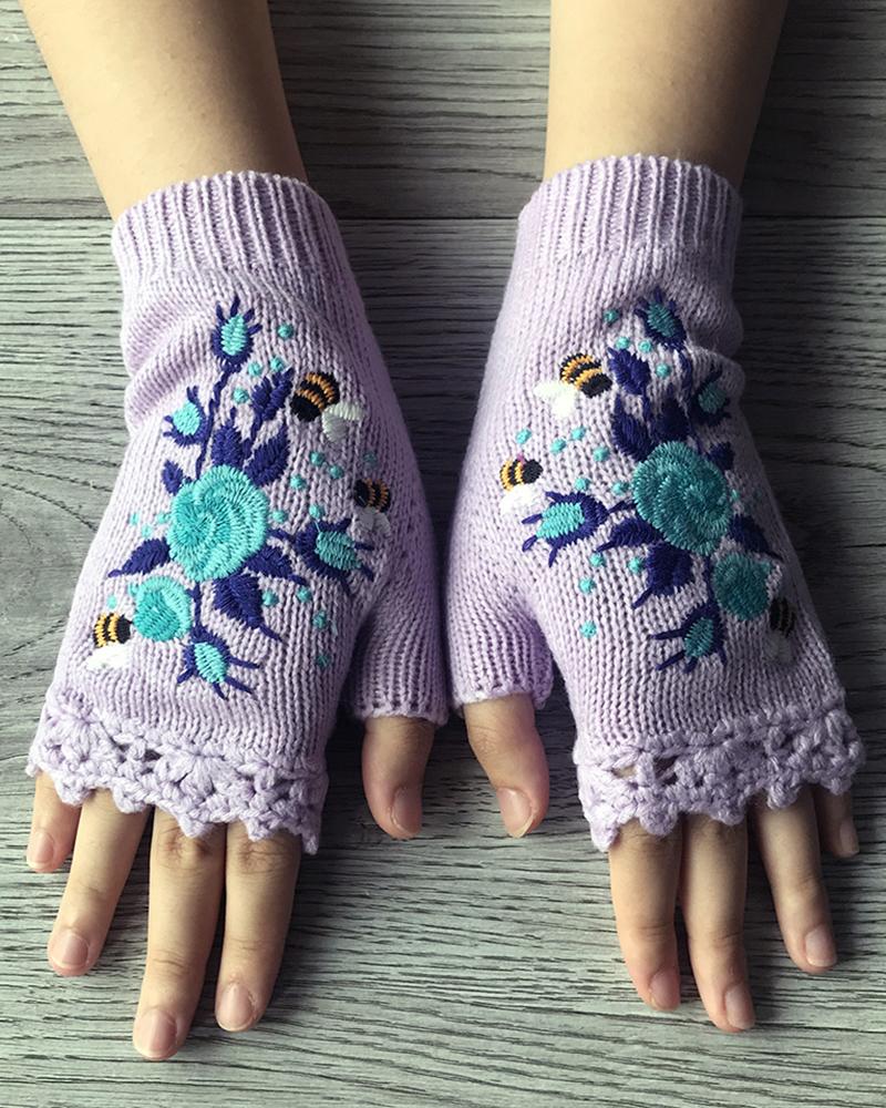 1Pair Floral Embroidery Hollow Out Fingerless Knit Gloves