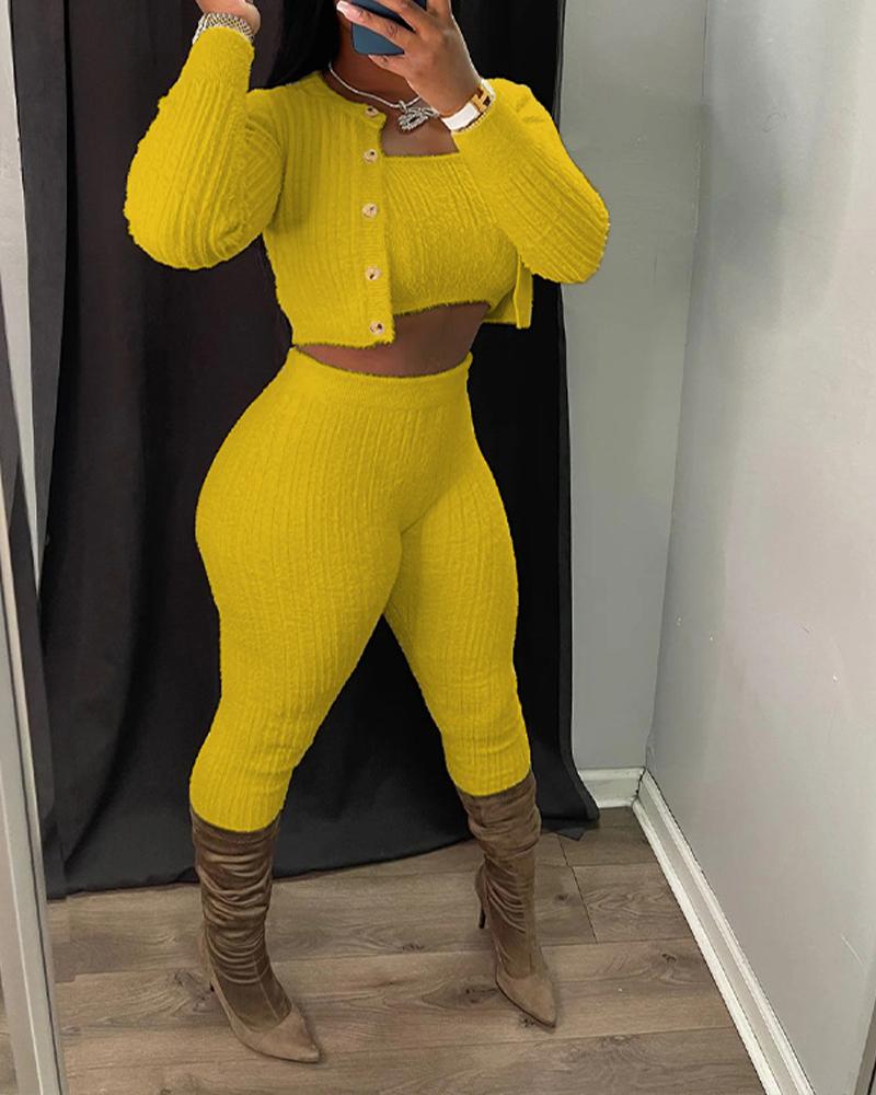 3PCS Bandeau Crop Top & Pants Set With Cardigan
