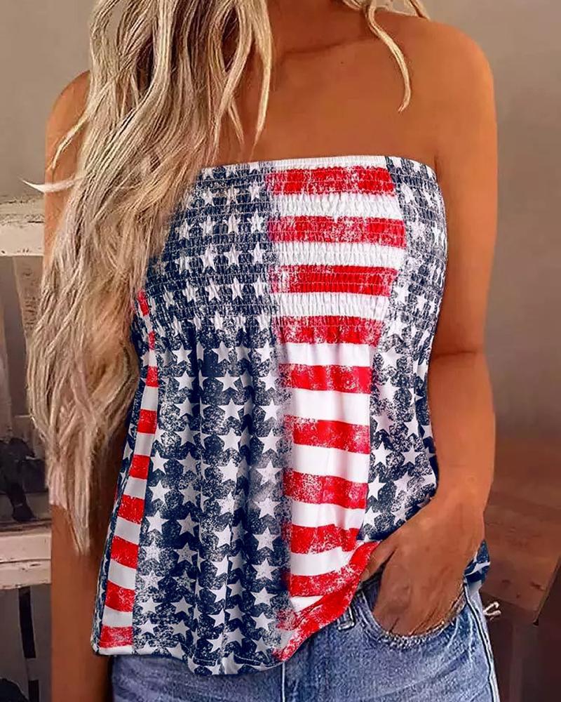 Independence Day Flag Print Bandeau Shirred Tank Top