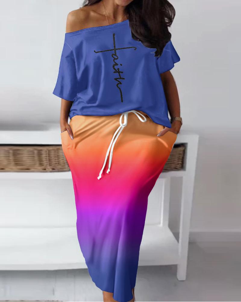 Plus Size Letter Print Top & Ombre Pocket Design Skirt Set