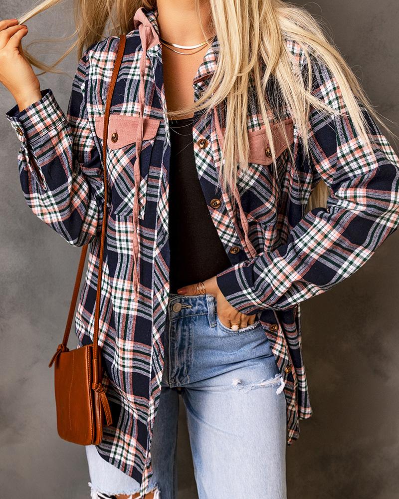 Plaid Print Patchwork Hooded Shacket