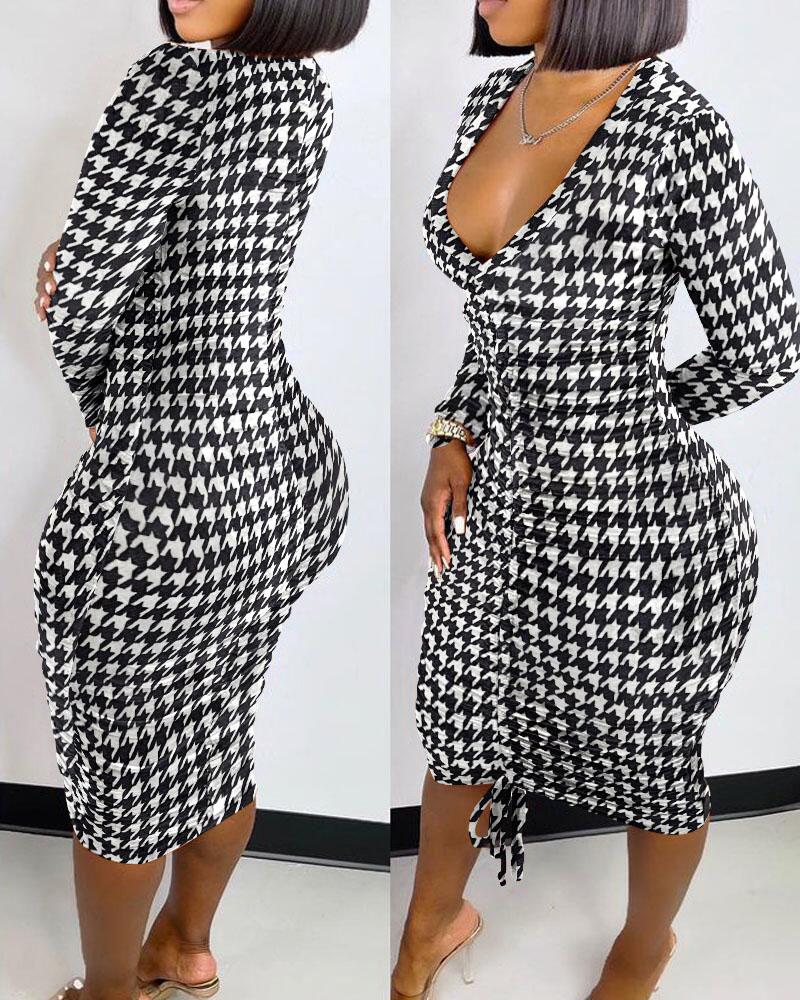 Houndstooth Print Drawstring Ruched Bodycon Dress