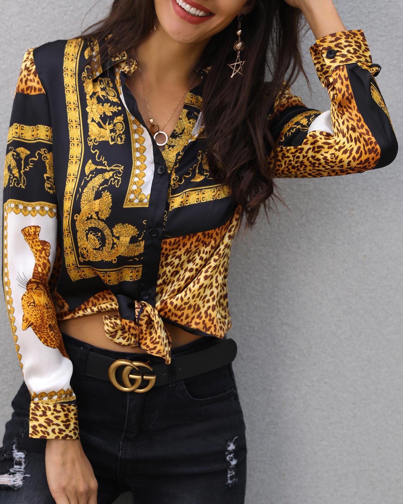 Leopard Baroque Print Knot Front Long Sleeve Top