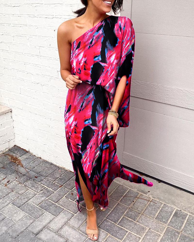 Abstract Print One shoulder Slit Dress