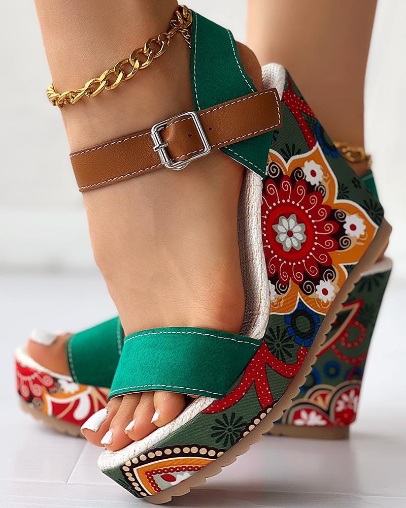 Peep Toe Floral Print Slingback Wedge Sandals