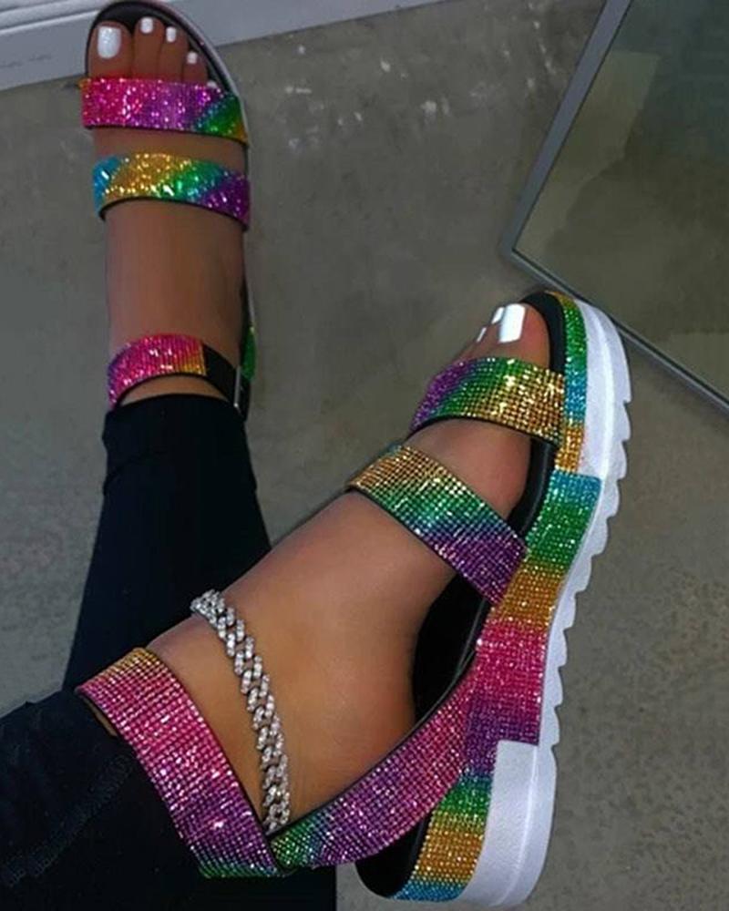 Rhinestone Colorblock Buckled Platform Sandals