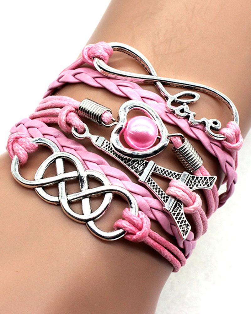 1pcs Multilayer Hollow Heart Faux Pearl Decor Eiffel Tower Love Letter Design Bohemian Braided Bracelet